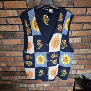 Vintage White Stag Embroidered Sunflower Beaded Knit Vest - Women’s 22w/24w